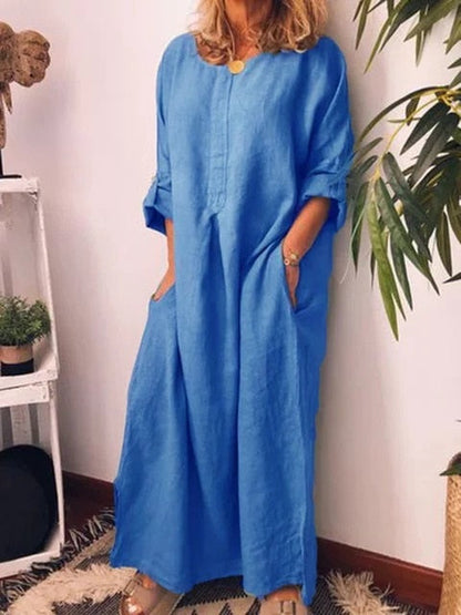 New Solid Color Loose Pockets Robe Women's Cotton Linen Solid Color Fashion Round Neck 7-Point Sleeve Casual Ladies Dress