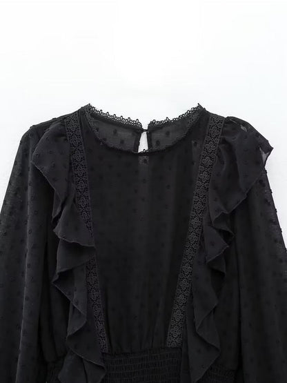 New Spring Women Ruffled Dotted Black  Dress Long Sleeve Elastic Waist Female Vintage Dresses Short Vestidos