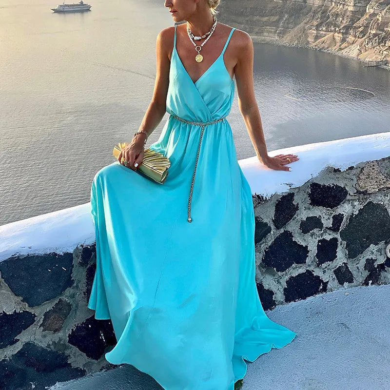 New Elegant Floral Print High Waist Dress Summer Sleeveless Ruffles A-Line Party Dress Fashion V Neck Sling Big Hem Beach Dress