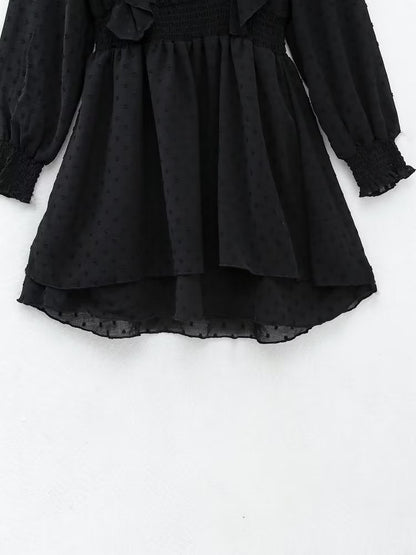 New Spring Women Ruffled Dotted Black  Dress Long Sleeve Elastic Waist Female Vintage Dresses Short Vestidos