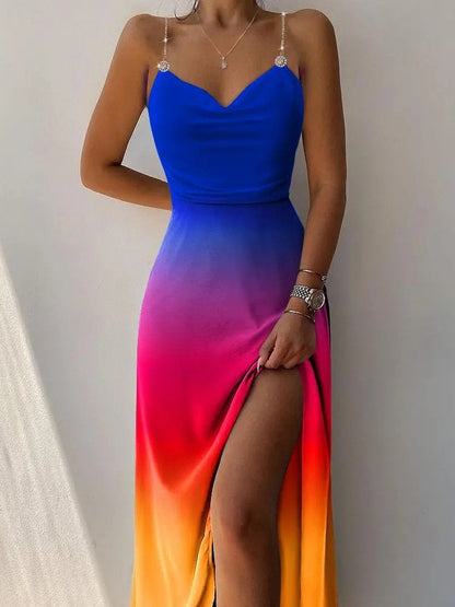 New In Spring Summer European American Women Clothes Dress Suspenders Printed and Dyed Tall Waist Long Dresses for Women