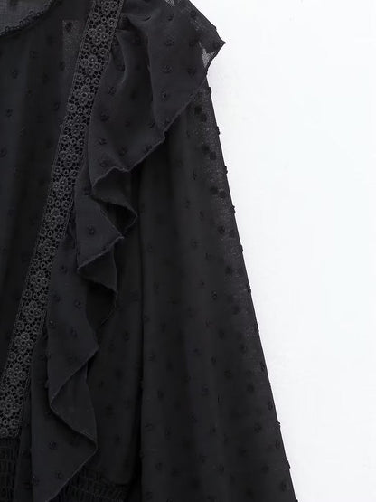 New Spring Women Ruffled Dotted Black  Dress Long Sleeve Elastic Waist Female Vintage Dresses Short Vestidos