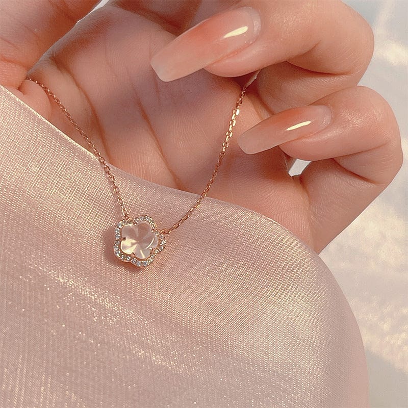 Dainty CZ Inlaid Pink Cherry Blossom Necklace