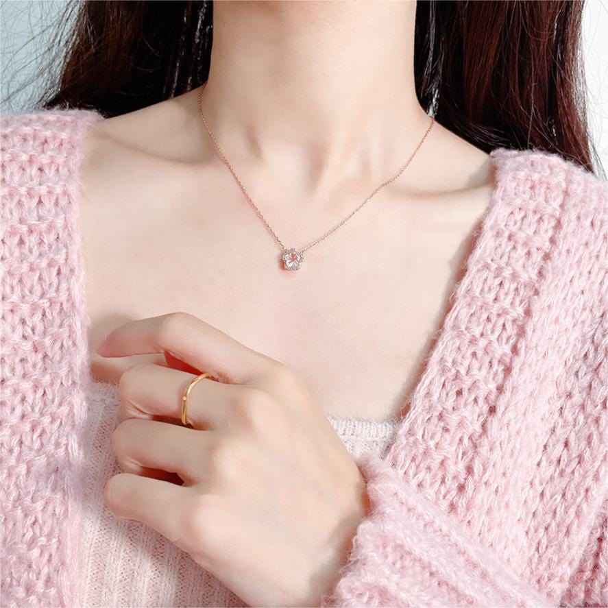 Dainty CZ Inlaid Pink Cherry Blossom Necklace