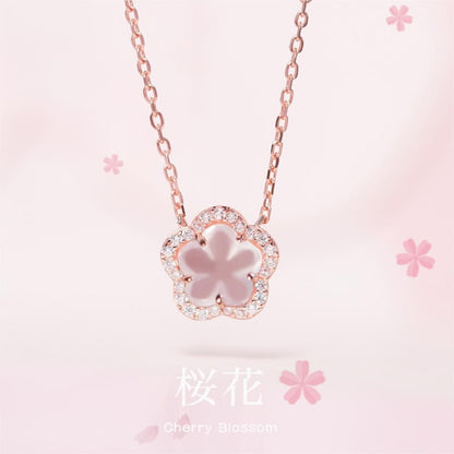 Dainty CZ Inlaid Pink Cherry Blossom Necklace