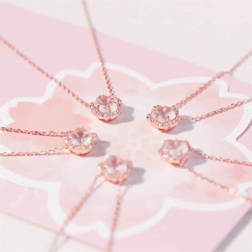 Dainty CZ Inlaid Pink Cherry Blossom Necklace