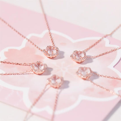 Dainty CZ Inlaid Pink Cherry Blossom Necklace