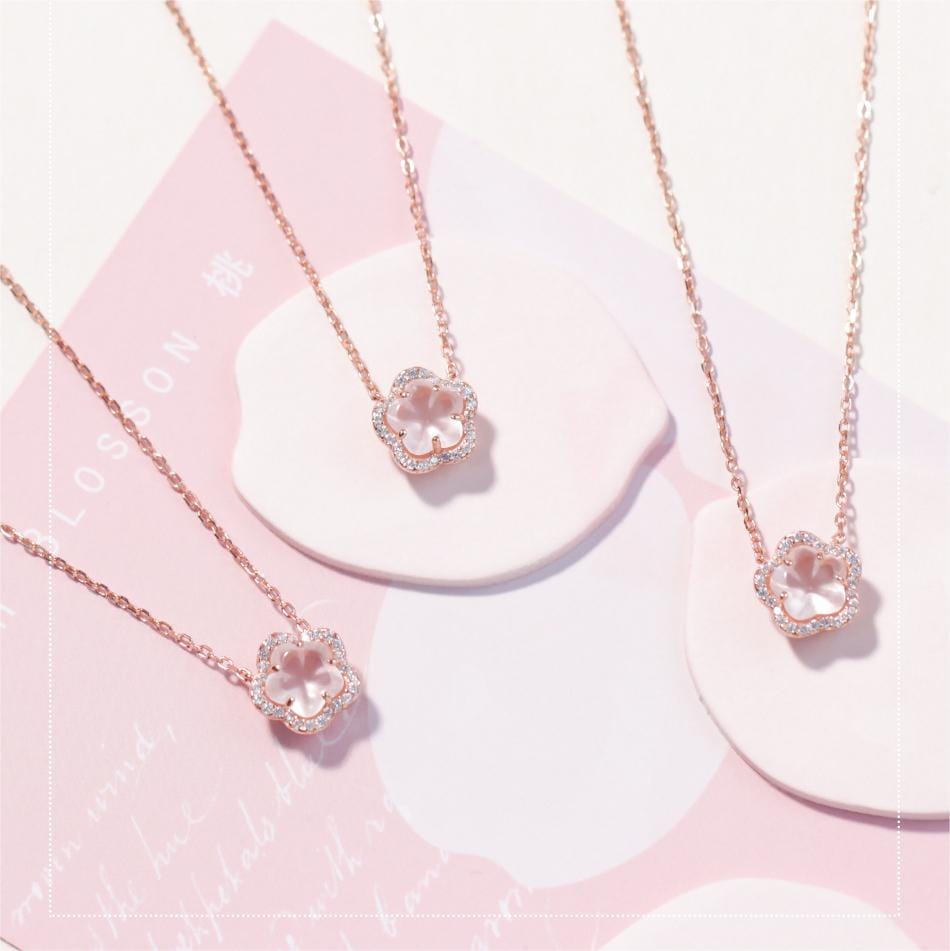 Dainty CZ Inlaid Pink Cherry Blossom Necklace
