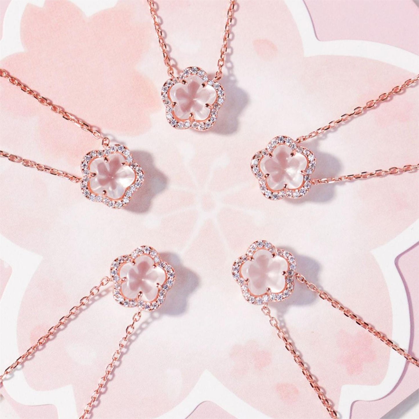 Dainty CZ Inlaid Pink Cherry Blossom Necklace
