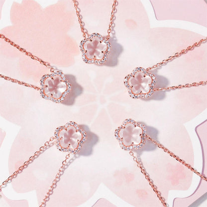 Dainty CZ Inlaid Pink Cherry Blossom Necklace