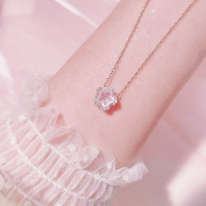 Dainty CZ Inlaid Pink Cherry Blossom Necklace