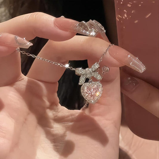 Dainty CZ Inlaid Pink Crystal Bowknot Heart Necklace