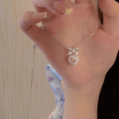 Dainty CZ Inlaid Pink Crystal Bowknot Heart Necklace