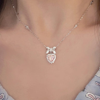 Dainty CZ Inlaid Pink Crystal Bowknot Heart Necklace