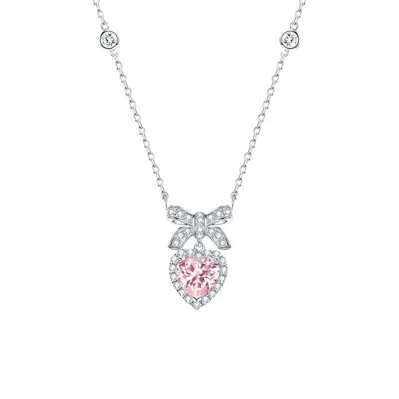 Dainty CZ Inlaid Pink Crystal Bowknot Heart Necklace