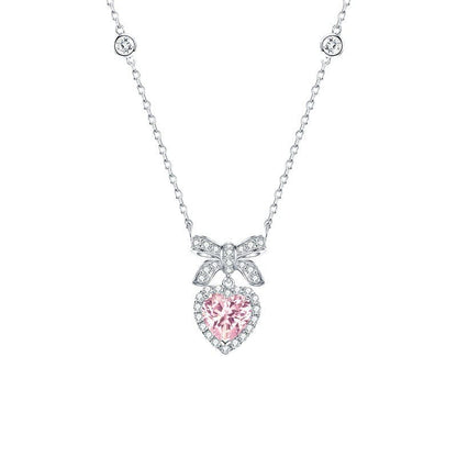 Dainty CZ Inlaid Pink Crystal Bowknot Heart Necklace