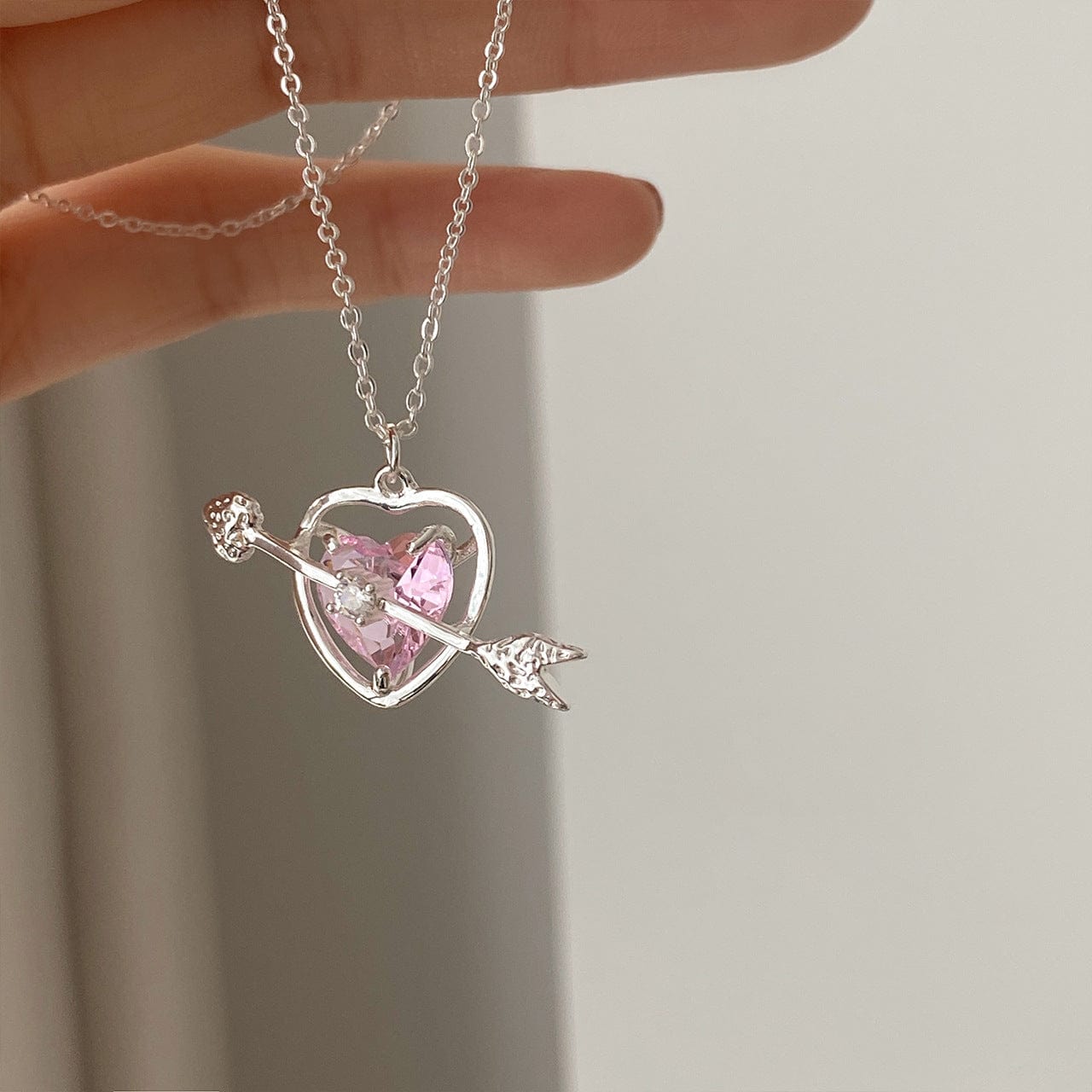Dainty CZ Inlaid Pink Crystal Cupid Arrow Heart Necklace