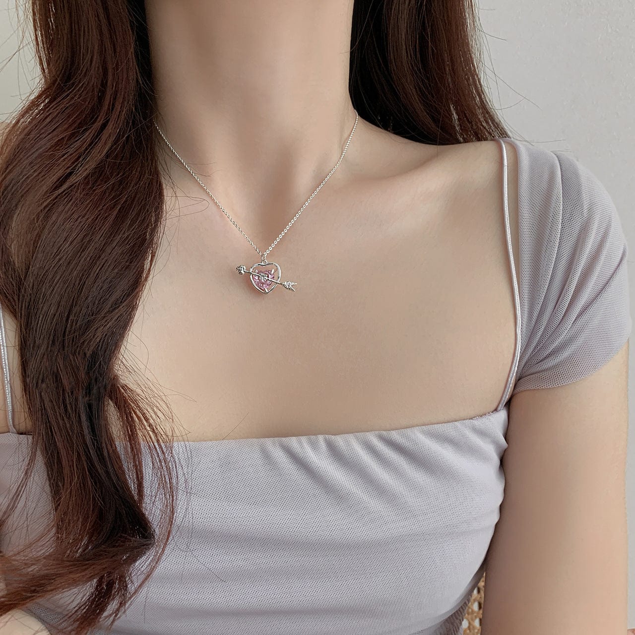 Dainty CZ Inlaid Pink Crystal Cupid Arrow Heart Necklace
