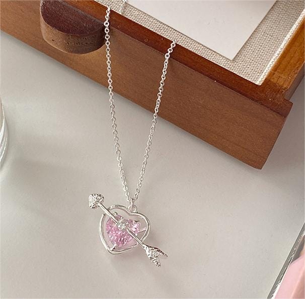 Dainty CZ Inlaid Pink Crystal Cupid Arrow Heart Necklace