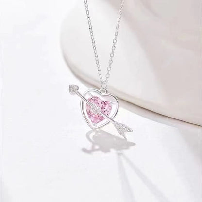 Dainty CZ Inlaid Pink Crystal Cupid Arrow Heart Necklace