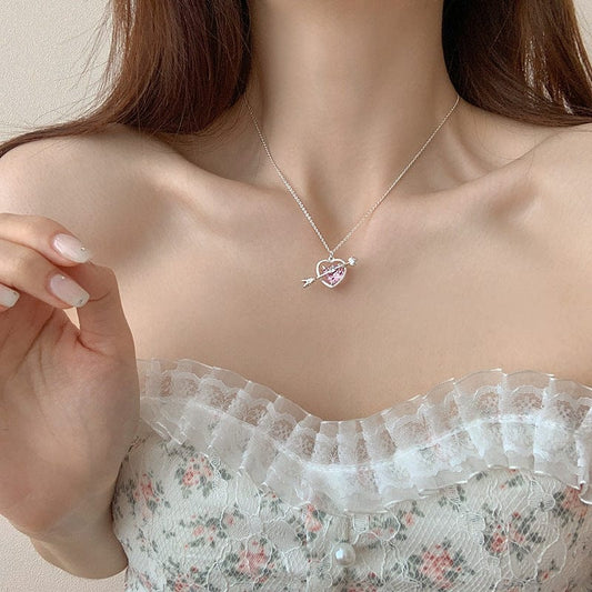 Dainty CZ Inlaid Pink Crystal Cupid Arrow Heart Necklace