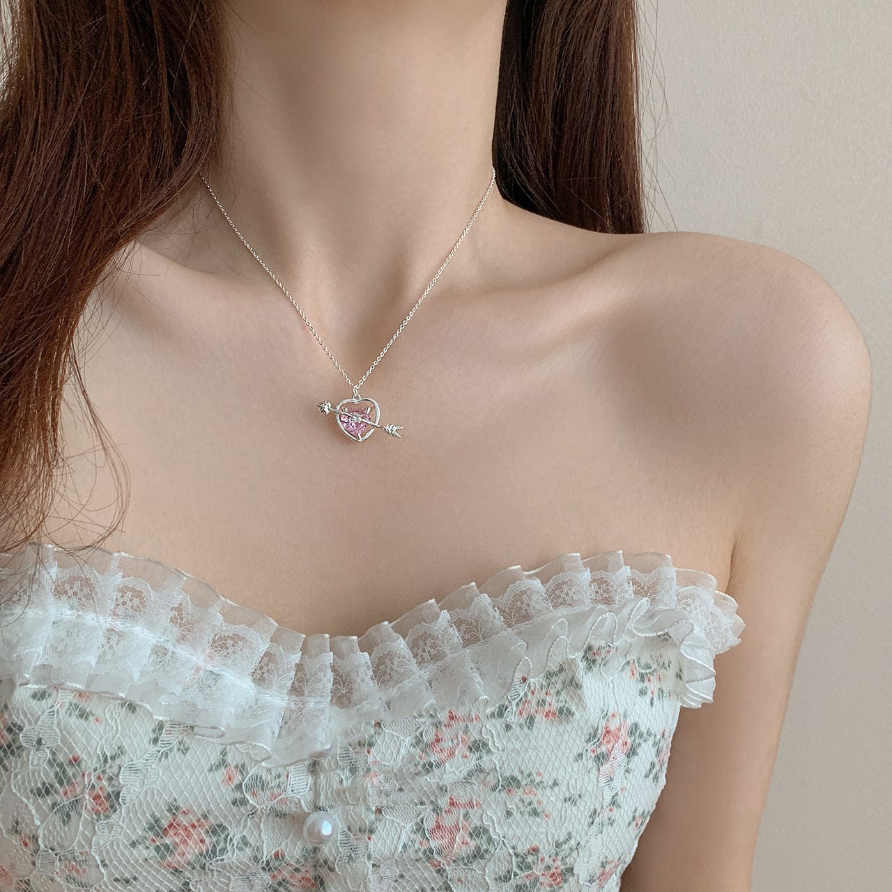 Dainty CZ Inlaid Pink Crystal Cupid Arrow Heart Necklace