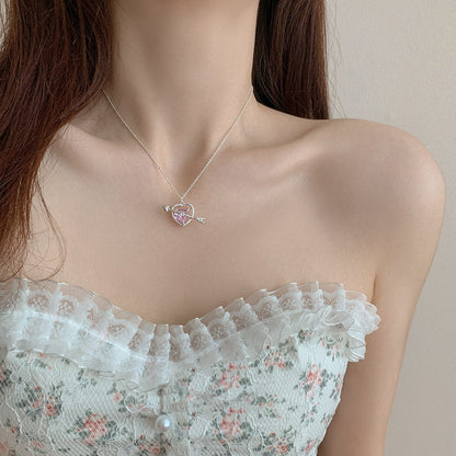 Dainty CZ Inlaid Pink Crystal Cupid Arrow Heart Necklace