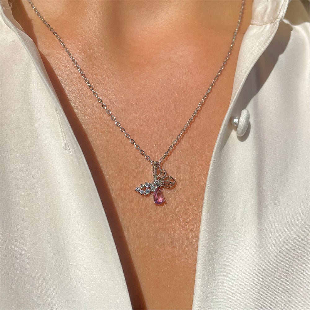 Dainty CZ Inlaid Pink Crystal Hollowed-out Butterfly Necklace
