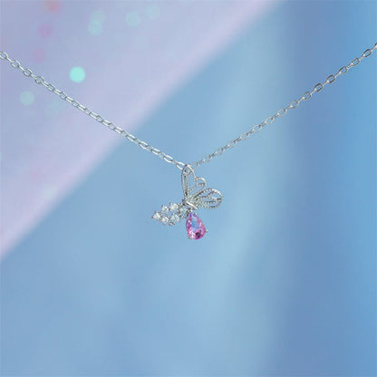 Dainty CZ Inlaid Pink Crystal Hollowed-out Butterfly Necklace