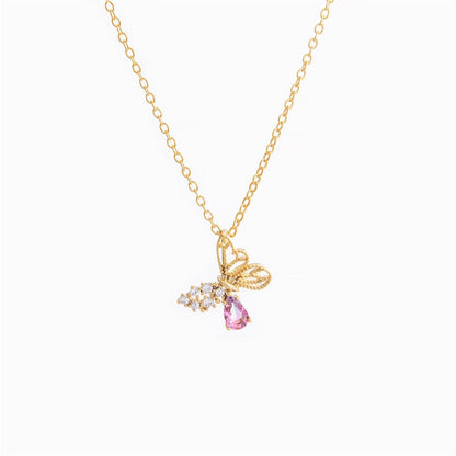 Dainty CZ Inlaid Pink Crystal Hollowed-out Butterfly Necklace
