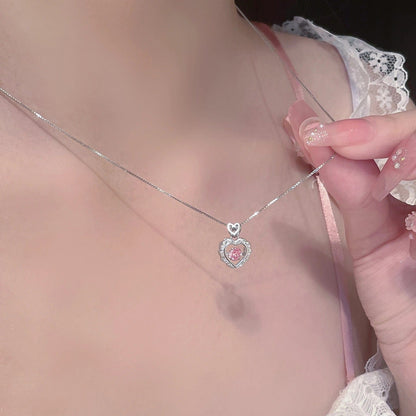 Dainty CZ Inlaid Pink Crystal Rolling Heart Pendant Necklace