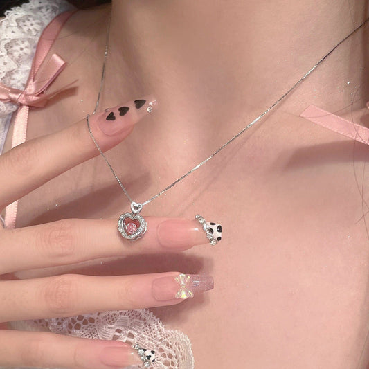 Dainty CZ Inlaid Pink Crystal Rolling Heart Pendant Necklace