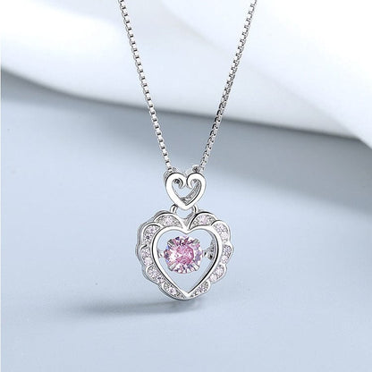 Dainty CZ Inlaid Pink Crystal Rolling Heart Pendant Necklace