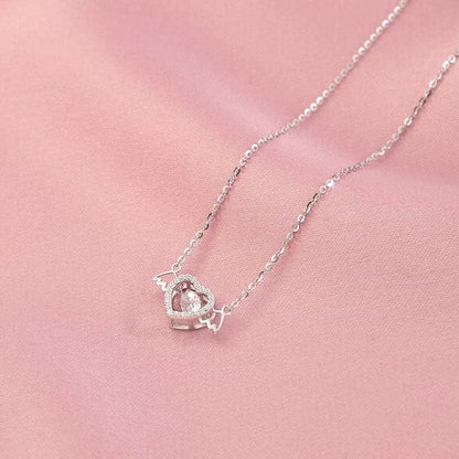 Dainty CZ Inlaid Rolling Crystal Angel Heart Wings Necklace