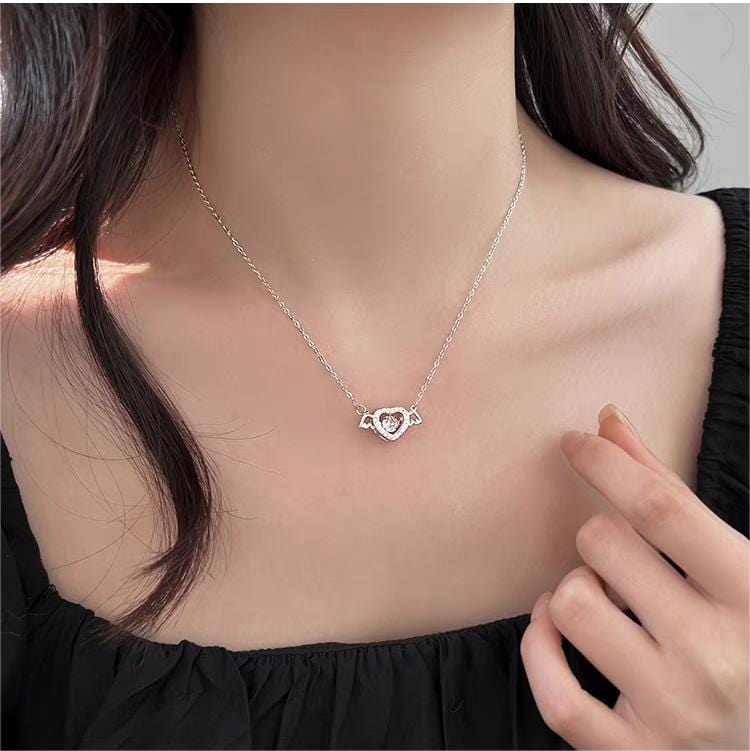 Dainty CZ Inlaid Rolling Crystal Angel Heart Wings Necklace