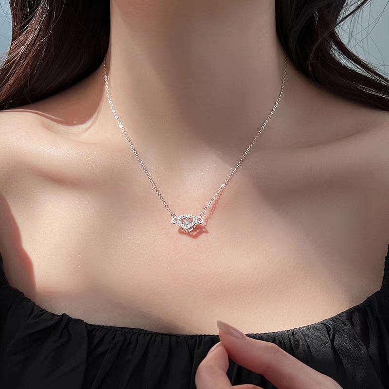 Dainty CZ Inlaid Rolling Crystal Angel Heart Wings Necklace