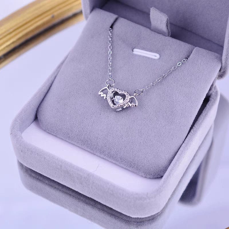 Dainty CZ Inlaid Rolling Crystal Angel Heart Wings Necklace