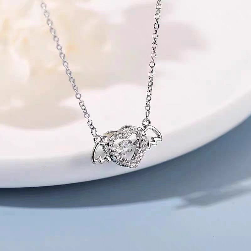 Dainty CZ Inlaid Rolling Crystal Angel Heart Wings Necklace