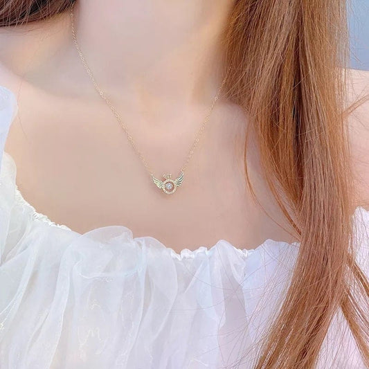 Dainty CZ Inlaid Rolling Crystal Angel Wings Necklace