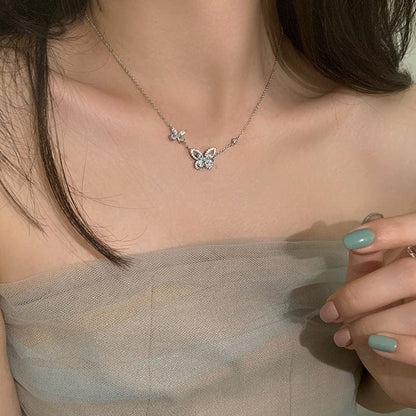 Dainty CZ Inlaid S925 Sterling Silver Duo Butterfly Necklace
