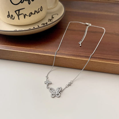 Dainty CZ Inlaid S925 Sterling Silver Duo Butterfly Necklace
