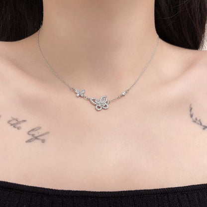 Dainty CZ Inlaid S925 Sterling Silver Duo Butterfly Necklace