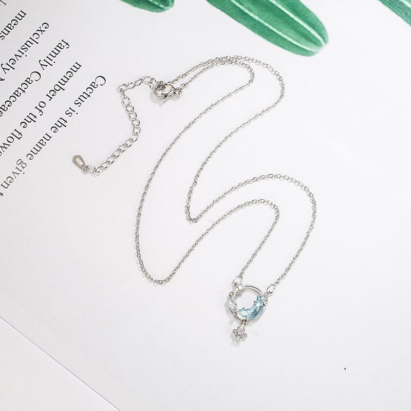 Dainty CZ Inlaid Turquoise Moon Phase Star Necklace