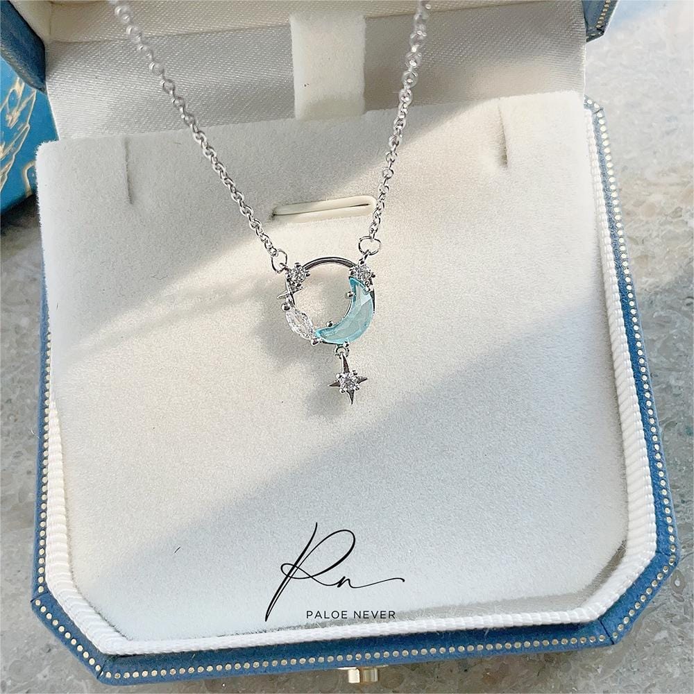 Dainty CZ Inlaid Turquoise Moon Phase Star Necklace
