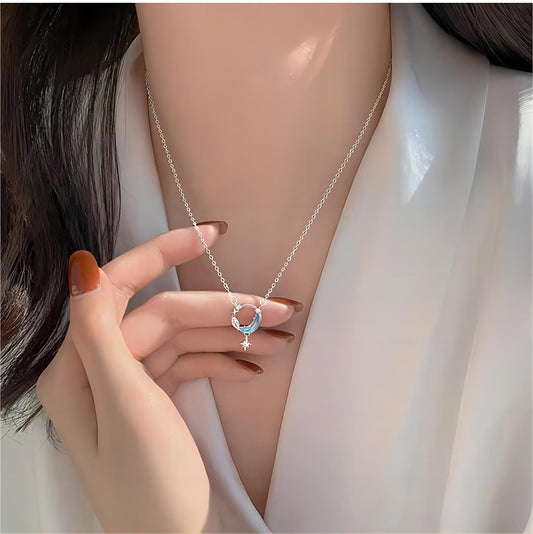 Dainty CZ Inlaid Turquoise Moon Phase Star Necklace