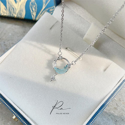 Dainty CZ Inlaid Turquoise Moon Phase Star Necklace