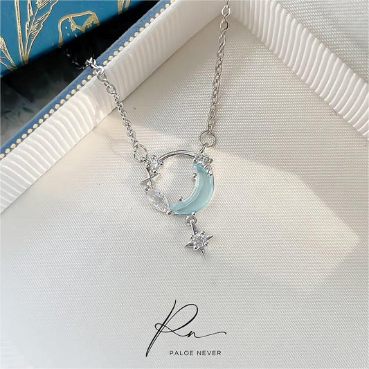 Dainty CZ Inlaid Turquoise Moon Phase Star Necklace