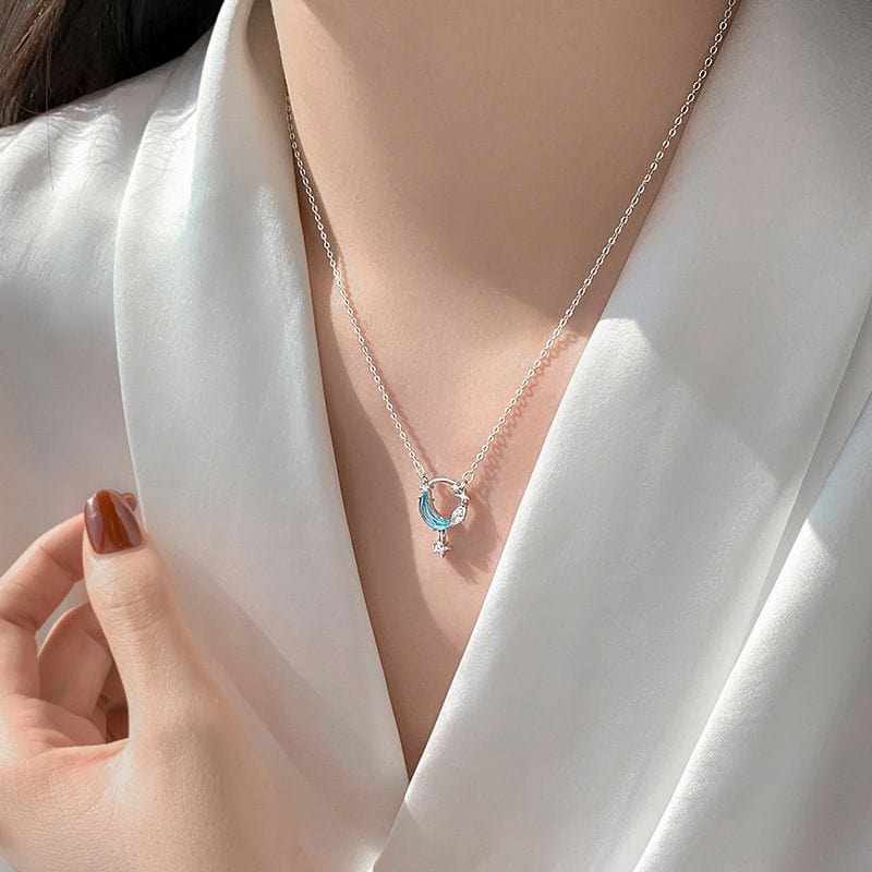 Dainty CZ Inlaid Turquoise Moon Phase Star Necklace