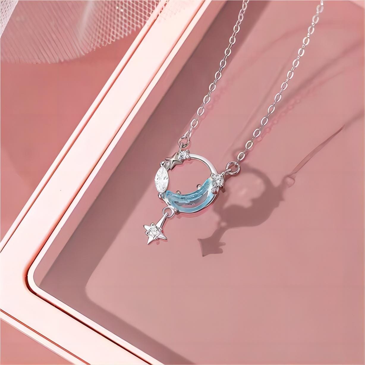Dainty CZ Inlaid Turquoise Moon Phase Star Necklace