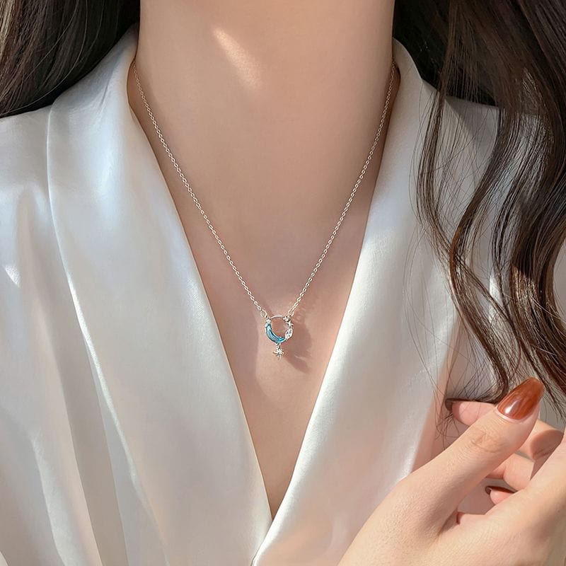 Dainty CZ Inlaid Turquoise Moon Phase Star Necklace